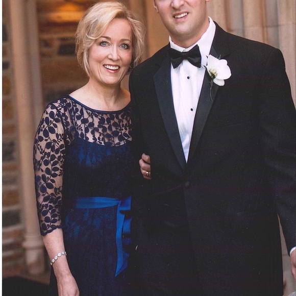 NWT RICKIE FREEMAN FOR TERI JON 3/4-sleeve Lace Overlay Gown In Navy $640 - Picture 7 of 8